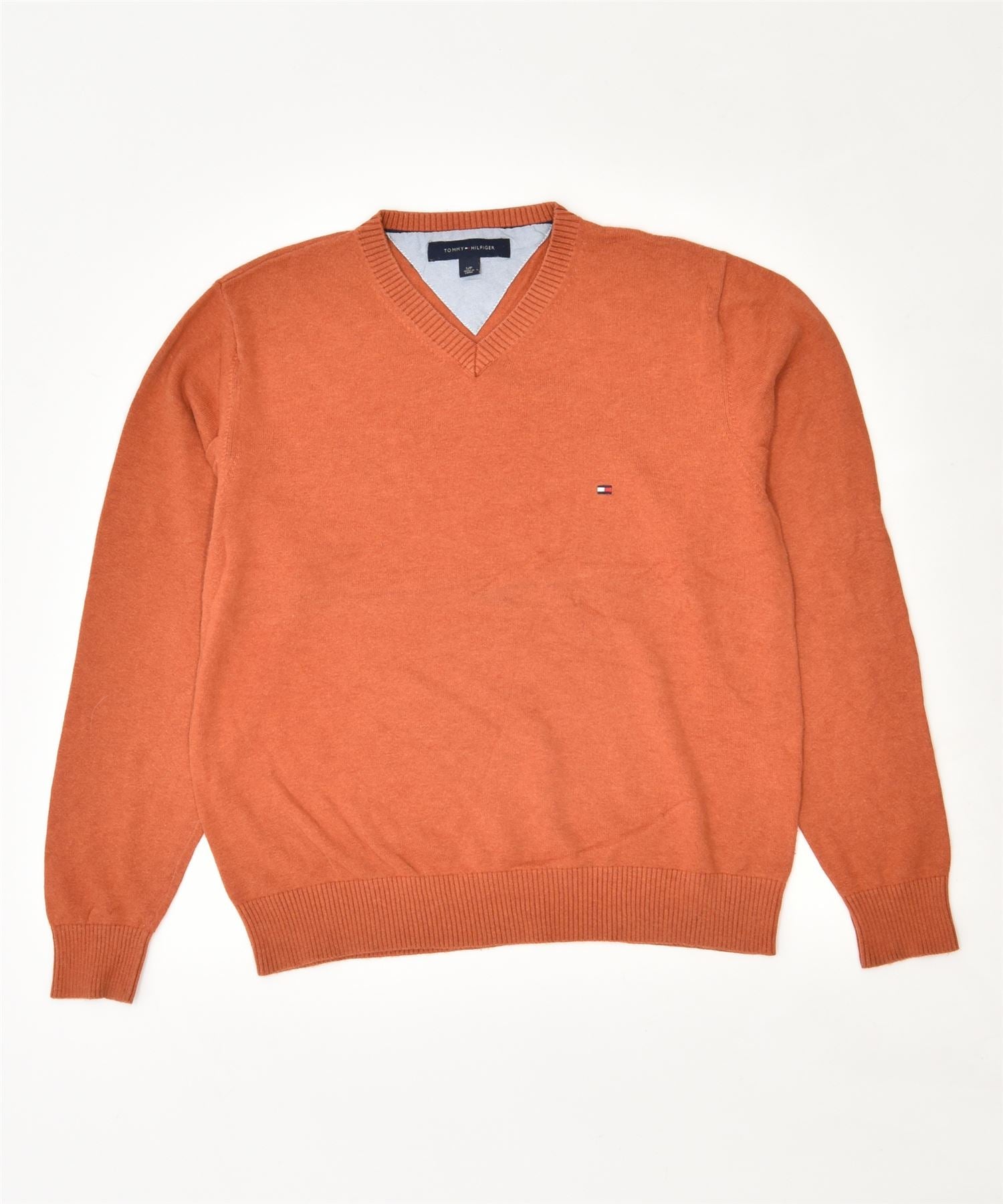 image of TOMMY HILFIGER Mens V-Neck Jumper Sweater Small Orange