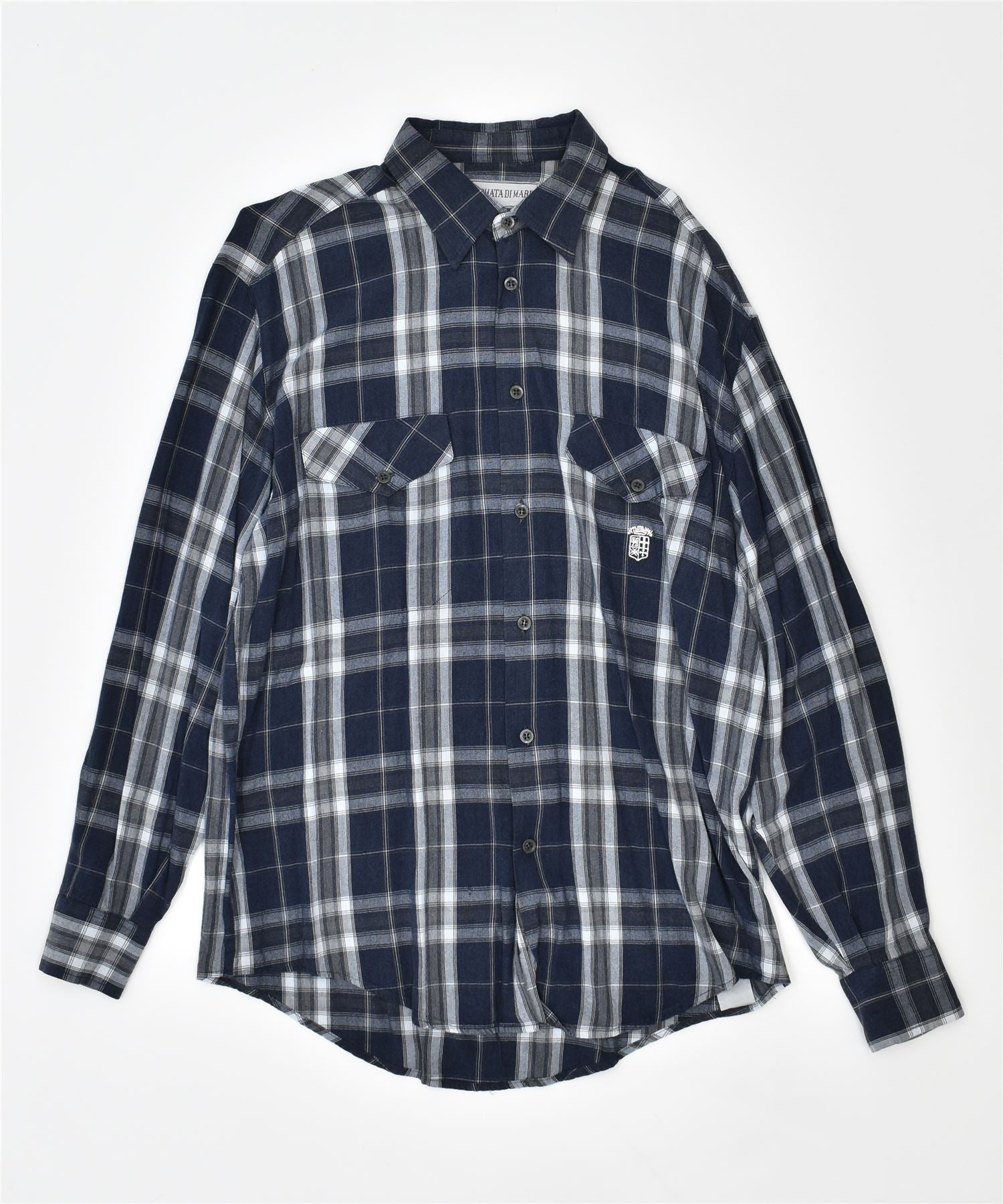 Image of ARMATA DI MARE Mens Shirt IT 48 Medium Navy Blue Check Cotton Vintage