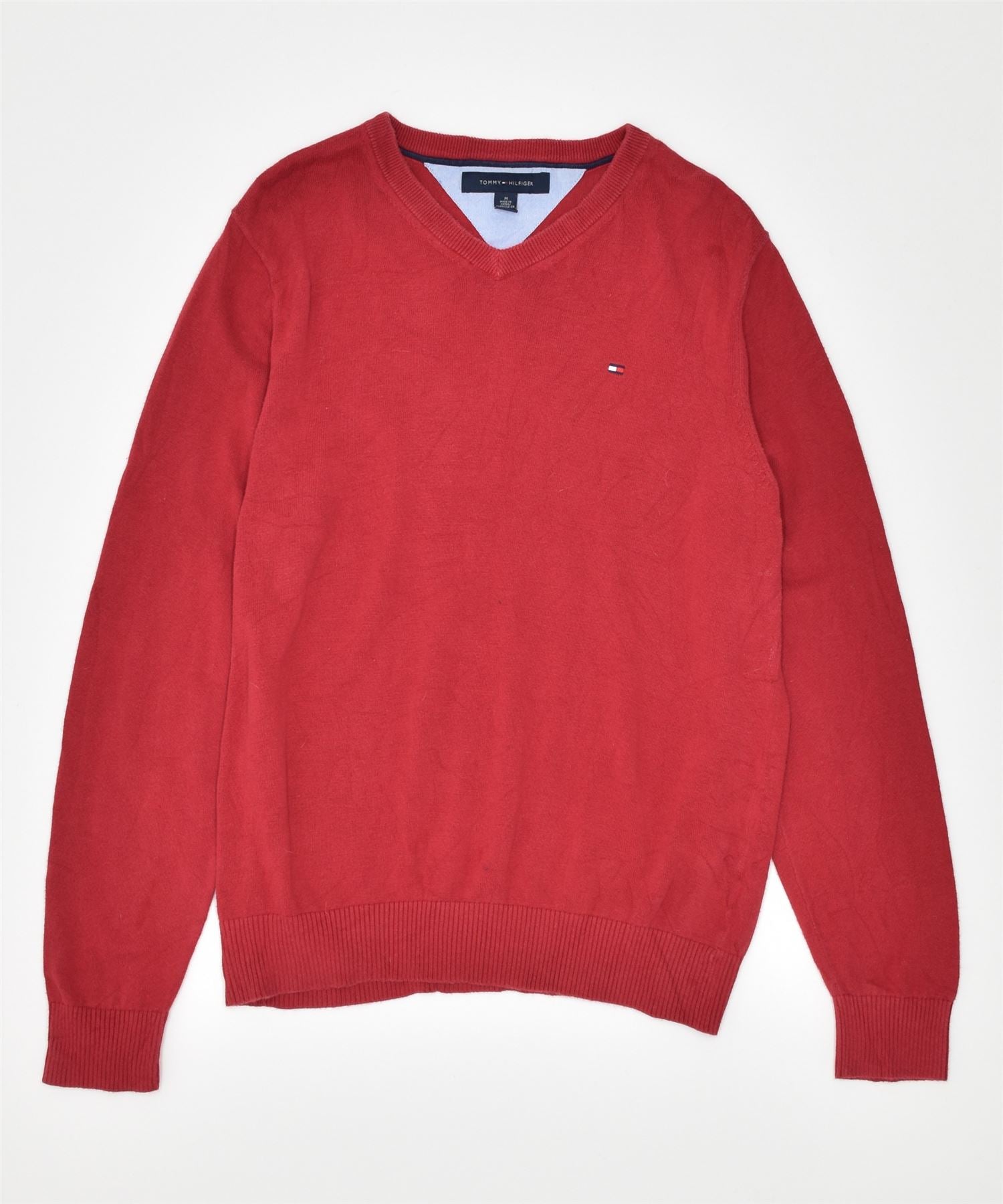 image of TOMMY HILFIGER Mens V-Neck Jumper Sweater Medium Red Cotton