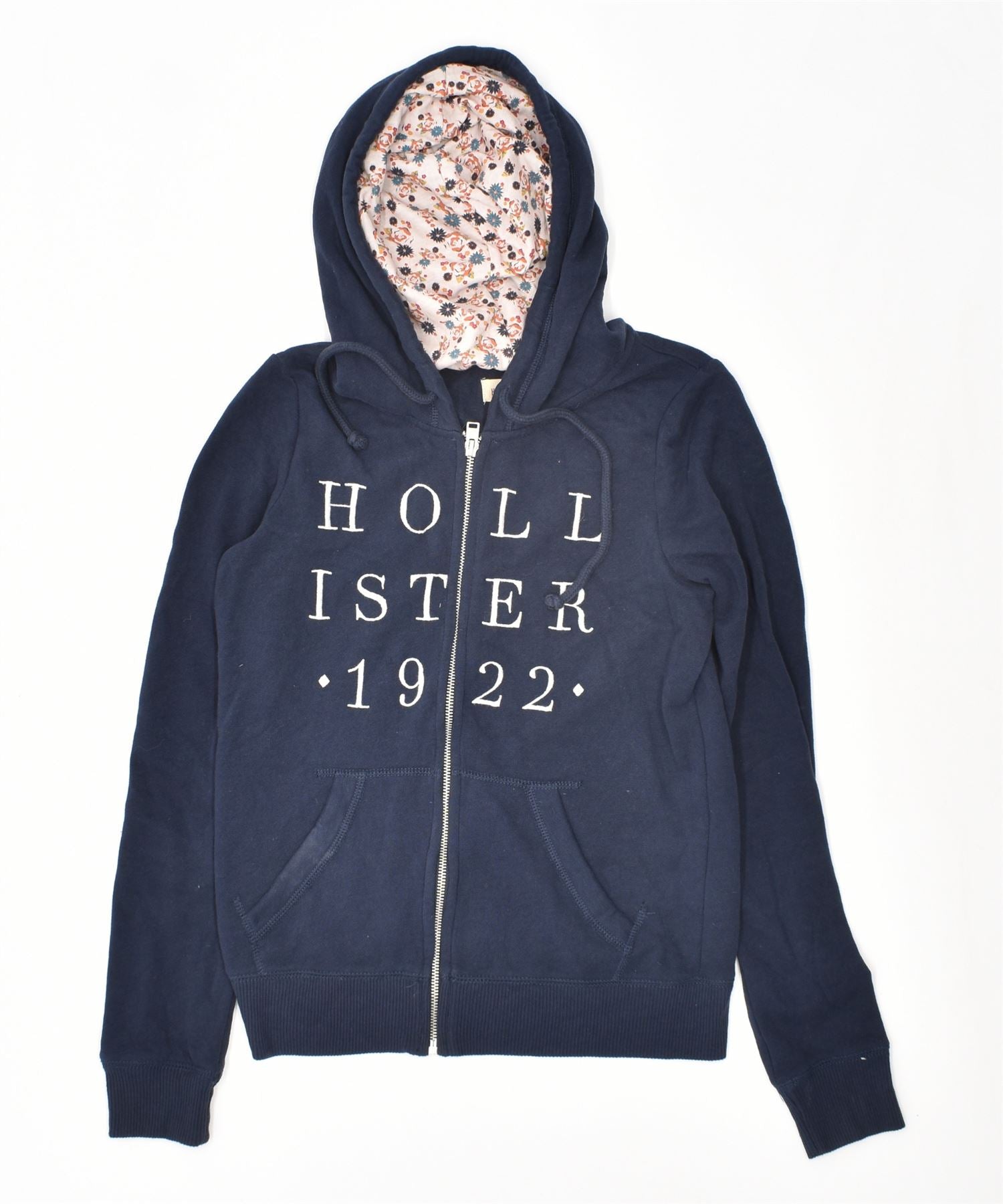 Image of HOLLISTER Womens Graphic Zip Hoodie Sweater UK 10 Small Navy Blue Cotton