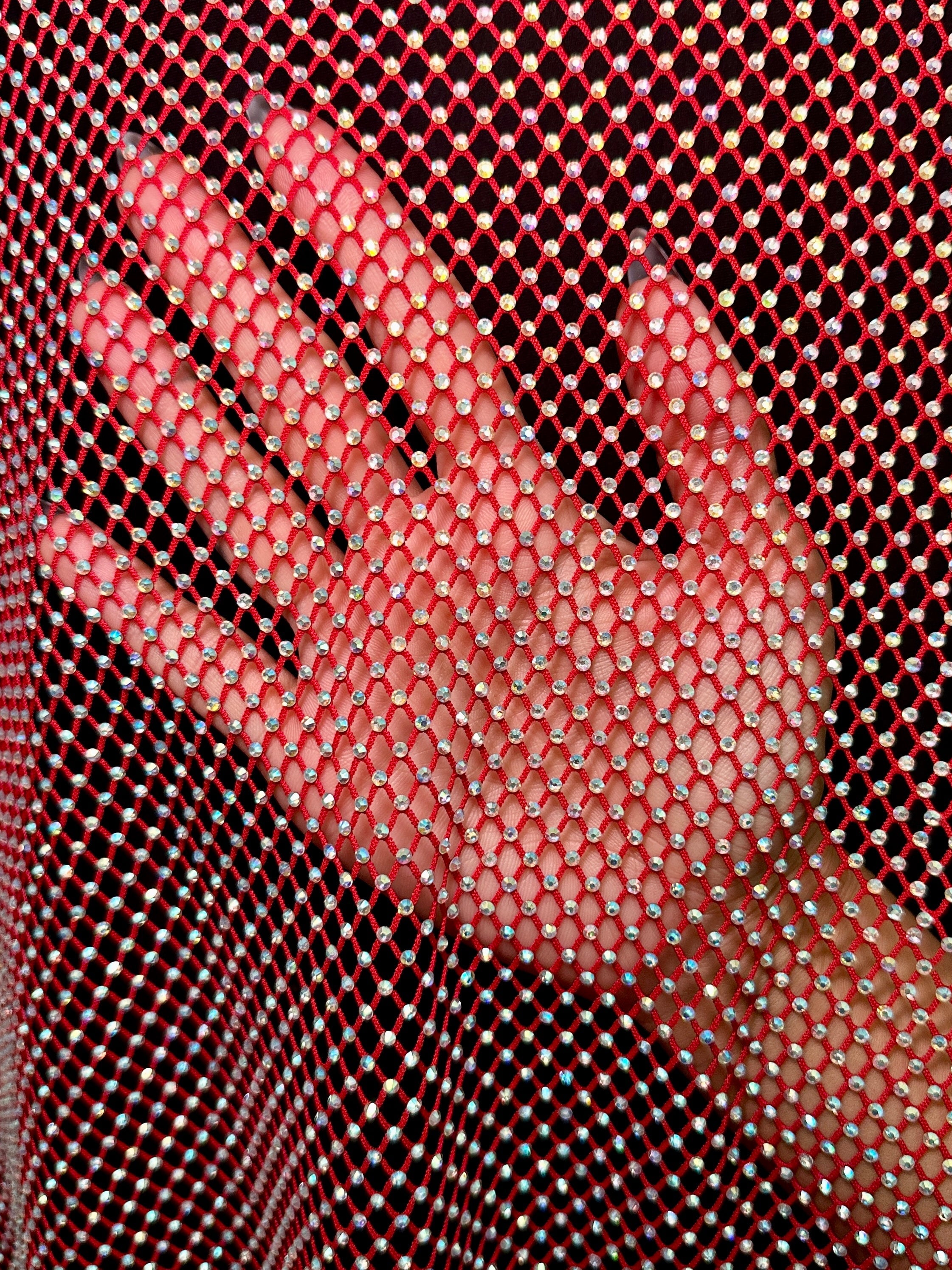 Red Rhinestone Diamond Fishnet Mesh