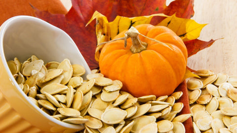 To the left bowl of pumpkin seeds spilling over and to the right a tiny pumpkin. 