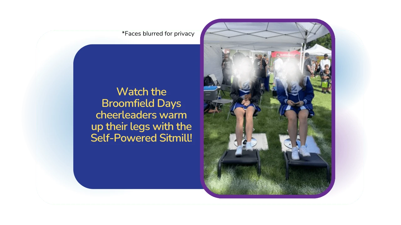 Cheerleaders at Broomfield Days warming up their legs while sitting using the SItmilll