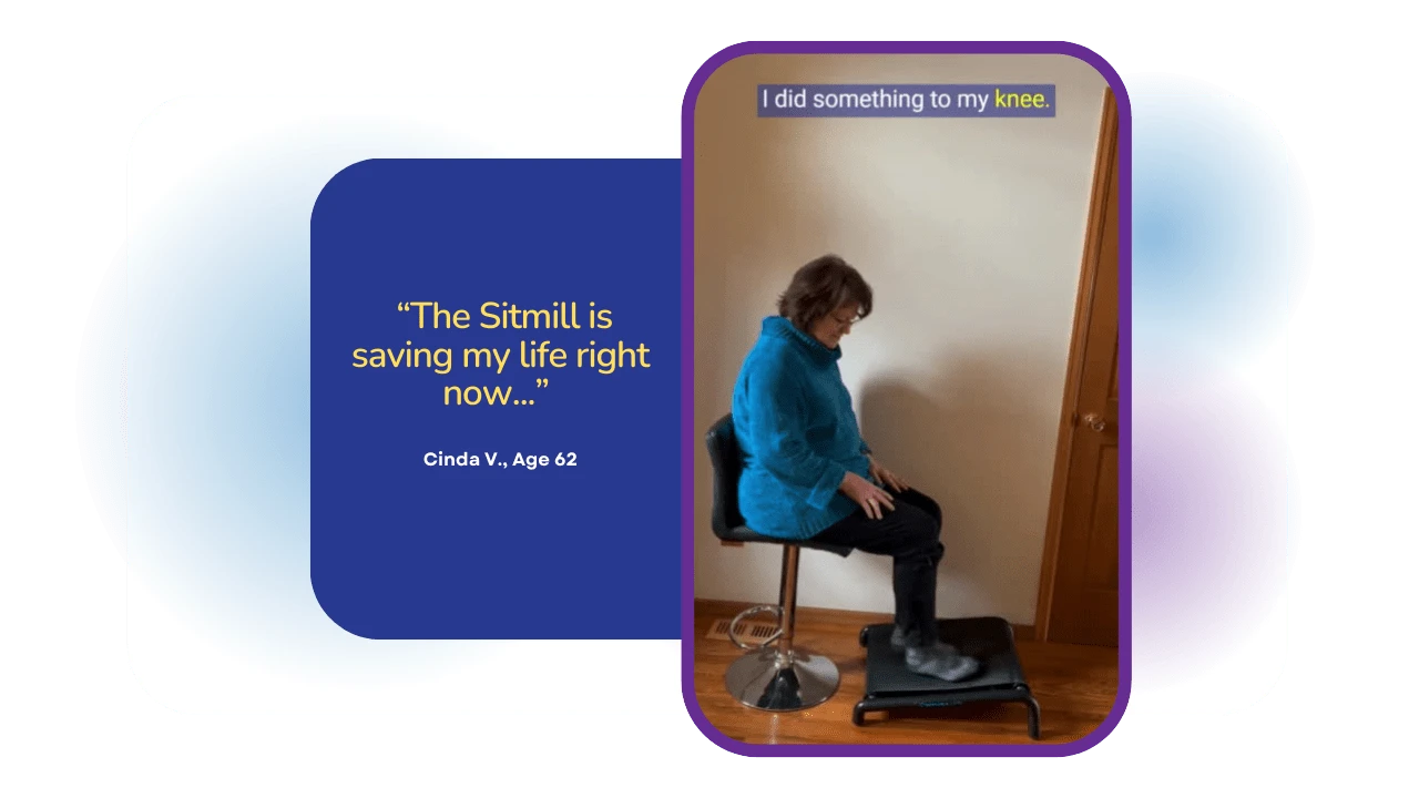 Older Woman with knee brace sitting and walking with Sitmill