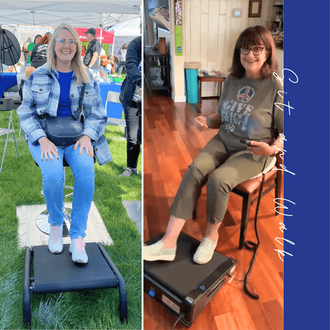 side by side image of 2 different woman smiling while using the self-powered sitmill (left)  and Motorized miniTREAD (right)
