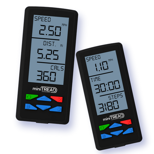 miniTREAD handheld remote displaying workout results: Speed, time, distance, calories burned, and steps.