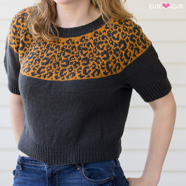 Cat Lady Crop sweater knitting pattern with leopard print