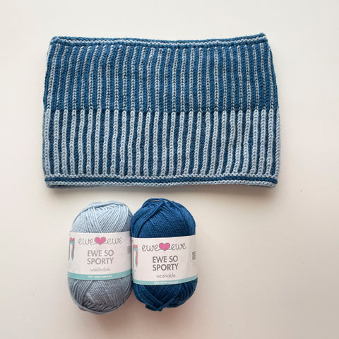 Basync Brioche cowl knitting pattern using Ewe So Sporty merino yarn