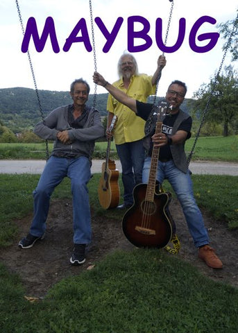 Drei Musiker auf einer Schaukel mit Gitarre.