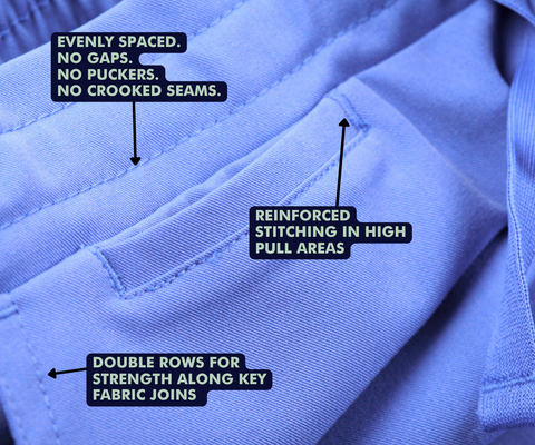 A close up of Dr. Woof Scrubs showing the stitching quality.