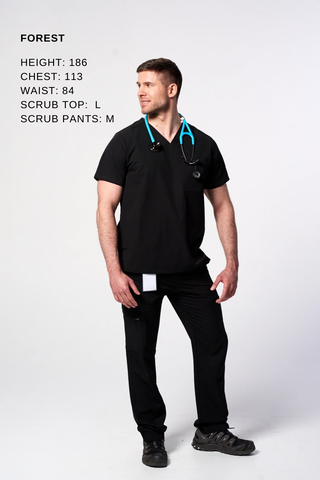 A nurse demonstrates the fit of Dr. Woof Apparel Men's Scrub Tops and Scrub Pants