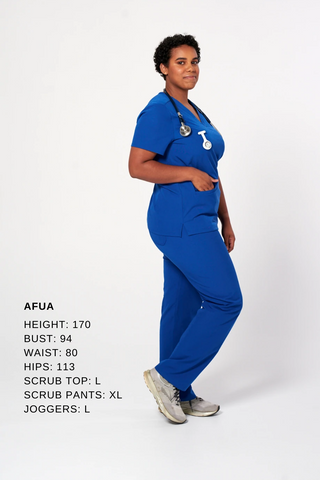 A doctor or PA demonstrates the fit of dr woof scrub tops and scrub pants