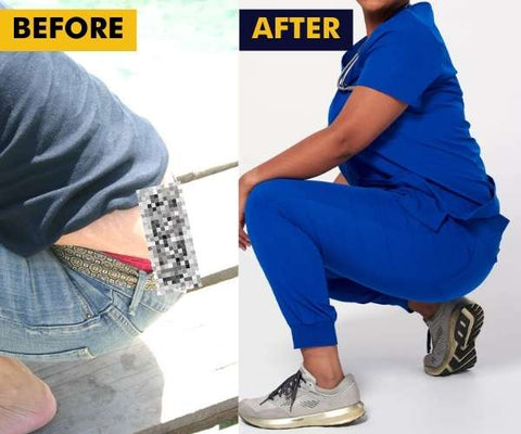 Before and after of a person bending down. With the after shot having the bottom fully covered on bending.