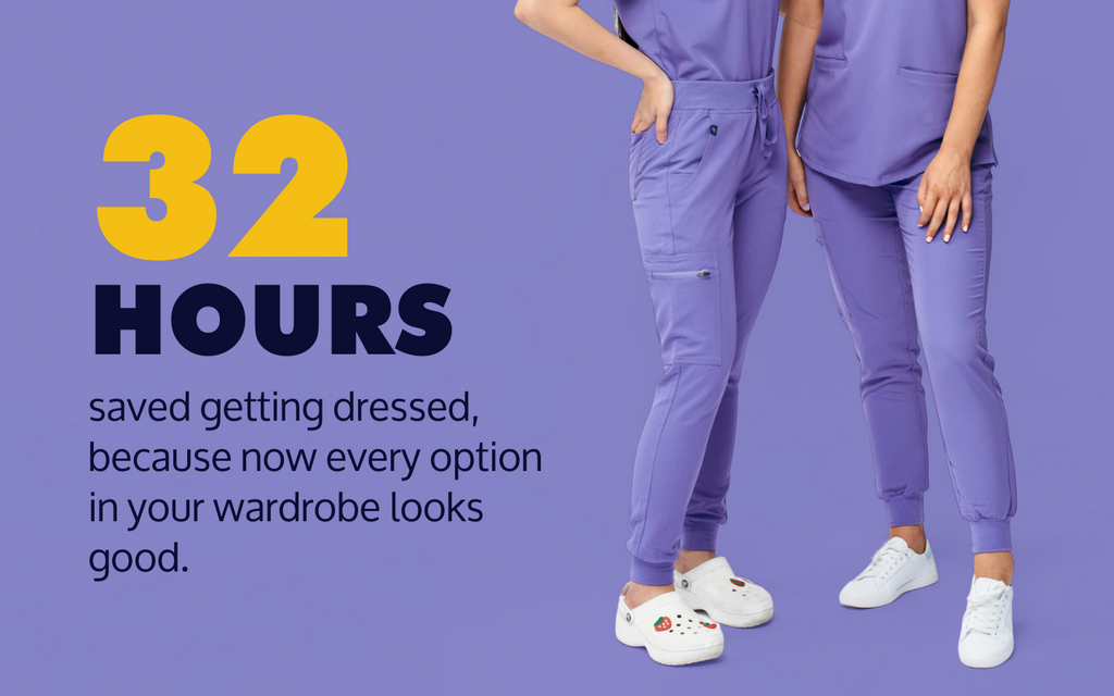 Two healthcare workers wearing blurple (purple) scrubs by Dr woof.  Beside them it says "32 hours saved getting dressed, because now every option in your wardrobe looks good."