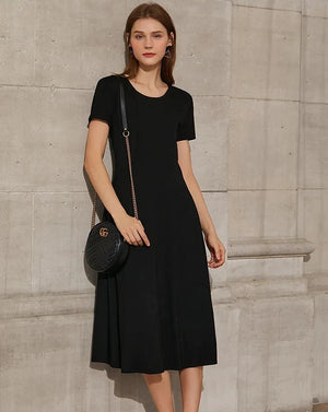 Black Minimalism Short Sleeve Midi Dress - BEYOND FASHION 