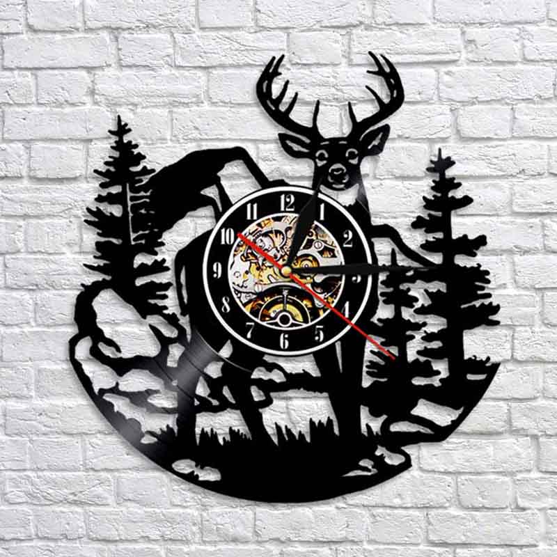 Birch Tree Forest Deer Vinyl Record Wall Clock