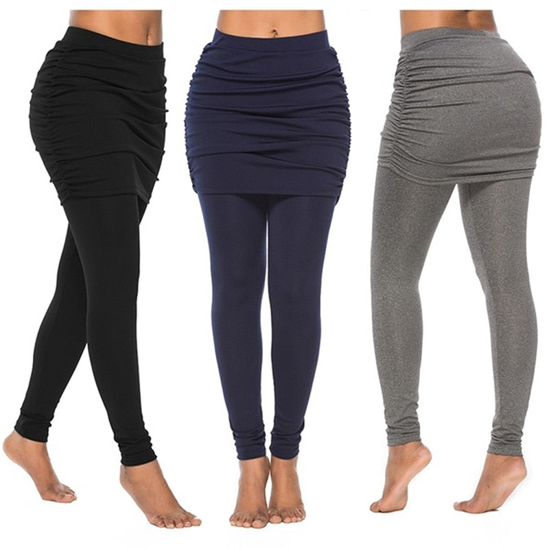 High Waist Leggings Running Pants Hip Side Pleated Skirt Fake Two Pieces Sexy Skirted Leggings Yoga Pants