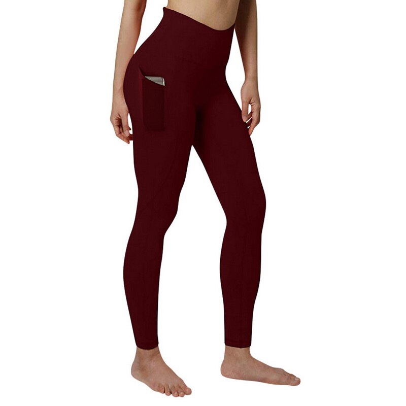 Solid Color High Waist Fitness Hip Lifting Pants, Side Pocket Running Yoga Pants