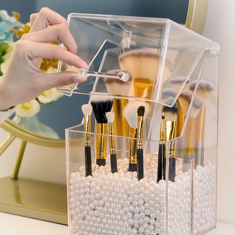 Acrylic Makeup Brush Holder with Lid & Pearls, Cosmetic Dustproof Storage Organizer