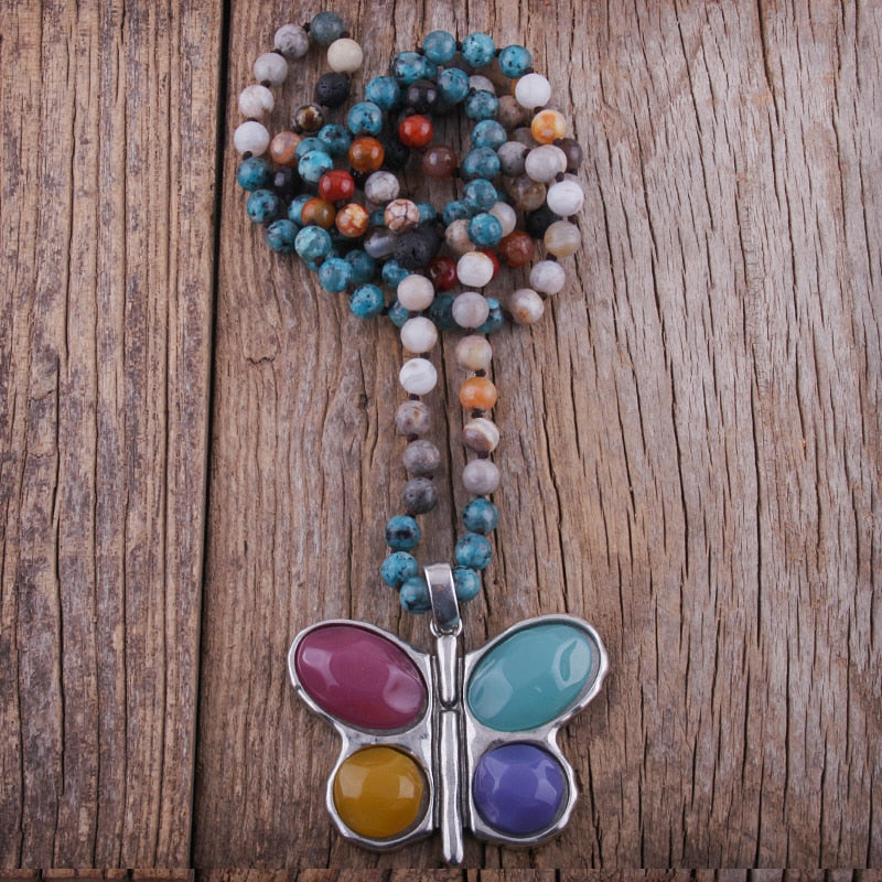 New ! 108 Beads Mala Multi Stone Knotted Butterfly Charm Pendant Necklace Women Meditation Yoga Necklace