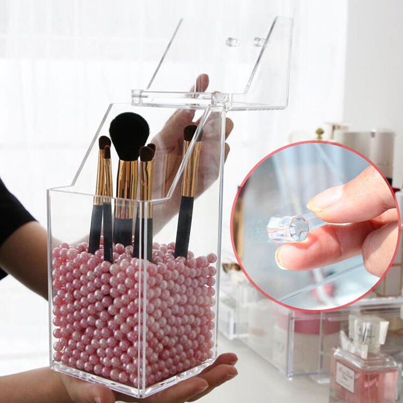 Acrylic Makeup Brush Holder with Lid & Pearls, Cosmetic Dustproof Storage Organizer