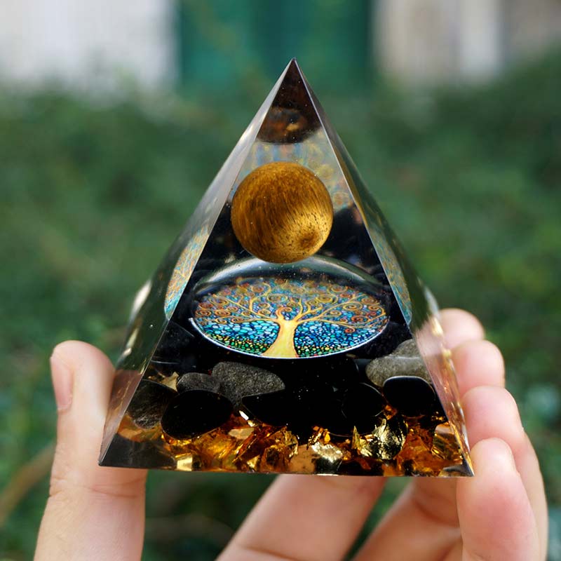 Tiger Eye Crystal Sphere & Obsidian Quartz Orgone Pyramid