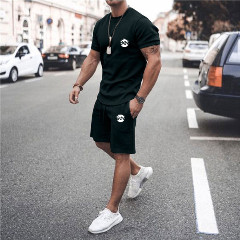 New Style Fitness Fashion Men's Suit 3D-Printed Men's Wear Casual O Collar Breathable Quick-Dry Summer T-Shirt +Jogging Shorts S