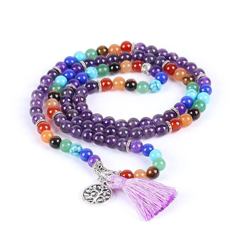 CSJA Reiki Natural 7 Chakra Multi-layer Yoga Charms Bracelets Women Purple Quartz 108 Mala Beads Meditation Healing Tassel E655