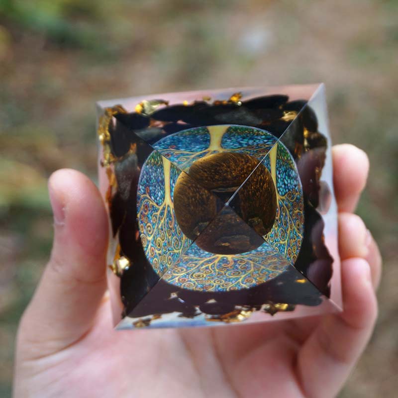 Tiger Eye Crystal Sphere & Obsidian Quartz Orgone Pyramid