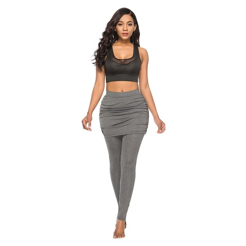 High Waist Leggings Running Pants Hip Side Pleated Skirt Fake Two Pieces Sexy Skirted Leggings Yoga Pants