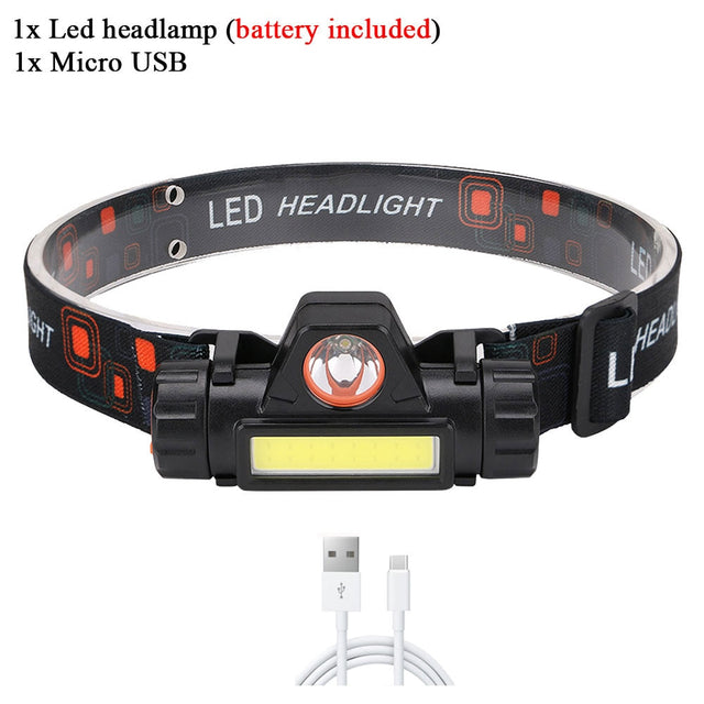 Portable mini flashlight q5+cob led headlamp powerful built-in 18650 battery outdoor camping fishing headlight