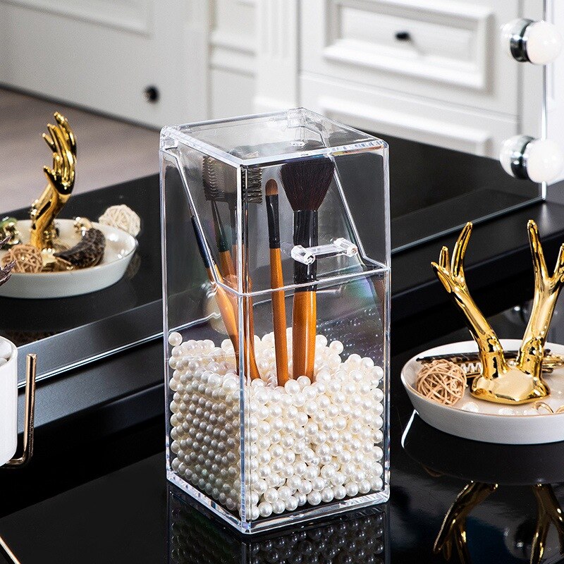 Acrylic Makeup Brush Holder with Lid & Pearls, Cosmetic Dustproof Storage Organizer