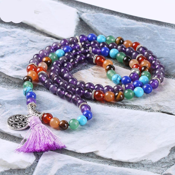 CSJA Reiki Natural 7 Chakra Multi-layer Yoga Charms Bracelets Women Purple Quartz 108 Mala Beads Meditation Healing Tassel E655