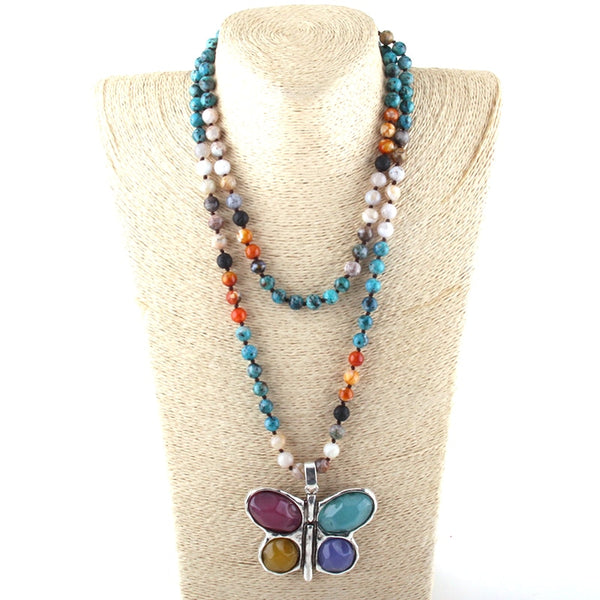 New ! 108 Beads Mala Multi Stone Knotted Butterfly Charm Pendant Necklace Women Meditation Yoga Necklace