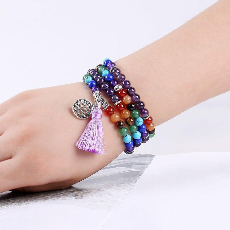 CSJA Reiki Natural 7 Chakra Multi-layer Yoga Charms Bracelets Women Purple Quartz 108 Mala Beads Meditation Healing Tassel E655