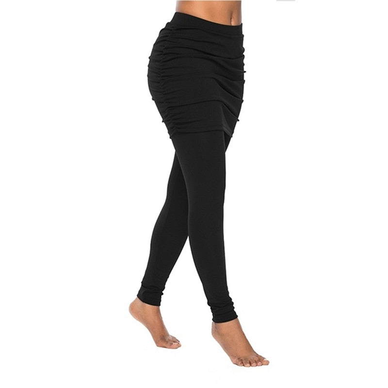 High Waist Leggings Running Pants Hip Side Pleated Skirt Fake Two Pieces Sexy Skirted Leggings Yoga Pants