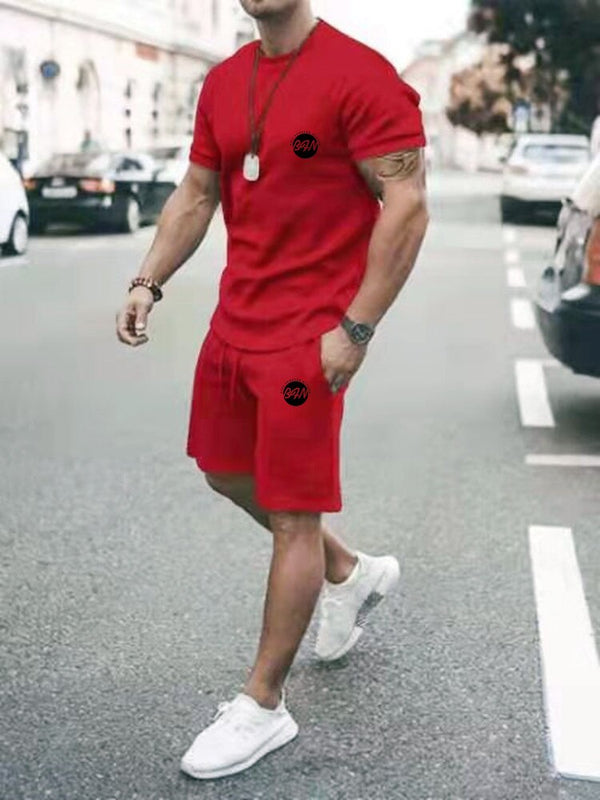 New Style Fitness Fashion Men's Suit 3D-Printed Men's Wear Casual O Collar Breathable Quick-Dry Summer T-Shirt +Jogging Shorts S