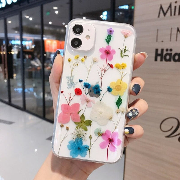 Luxury Real Dried Flowers Phone Case - Silicone Transparent Phone case - iphone 13 12 11 pro Max XS Max XR X 7 8 plus SE 2020