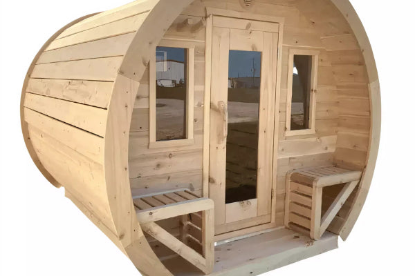 True North Saunas Schooner 2-8 Person Outdoor Barrel Sauna, perfect for large groups.