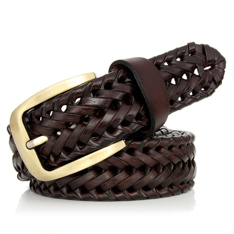 Niccolo Brass Buckle Braided Leather Belt GR Coffee Brown 100cm 