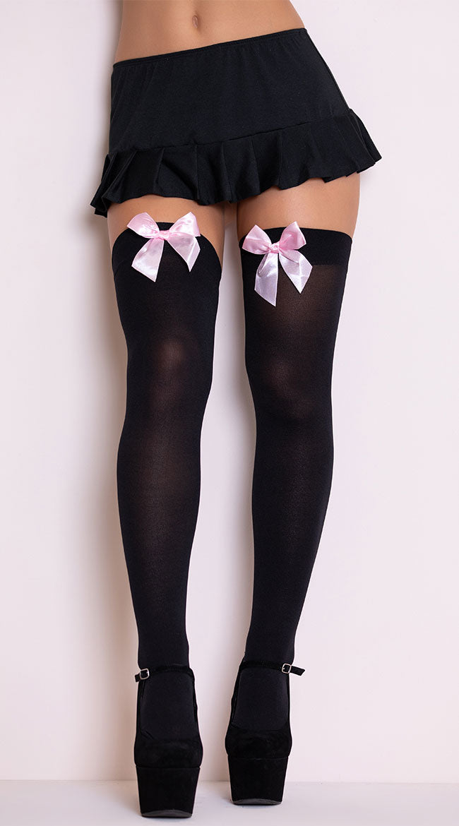 Opaque Thigh Highs With Satin Bow Thigh High Stockings Thigh High