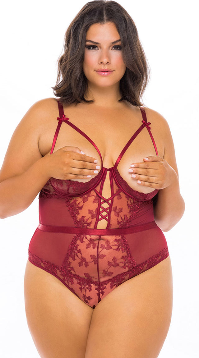 Plus Size Back To My Lace Teddy Sexy Open Cup Floral Lace Lingerie 2019