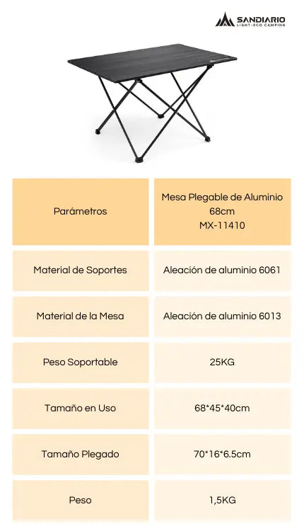 Parmetros de la Mesa Plegable de Aluminio 68cm