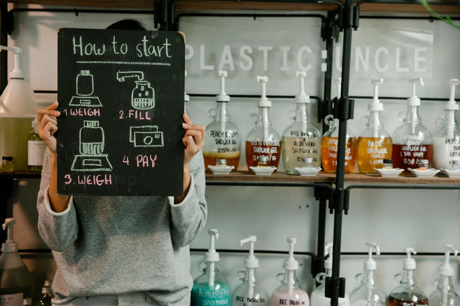Woman showing board with inscription against bottles with pumps in eco shop