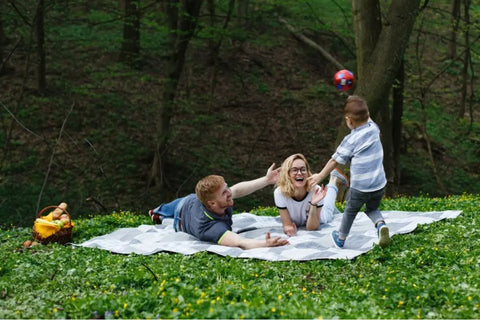 ayah, ibu, dan anak sedang piknik dan bermain bersama di taman