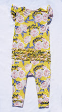 Load image into Gallery viewer, Illuminating Yellow w/ Pink Roses &amp; Blue Morpho Butterfly Cap Sleeve Ruffled Romper
