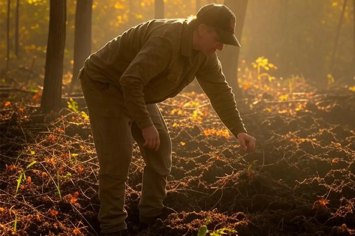 Hunter plating Pure Whitetail Shady Patch in a dark, wooded food plot.