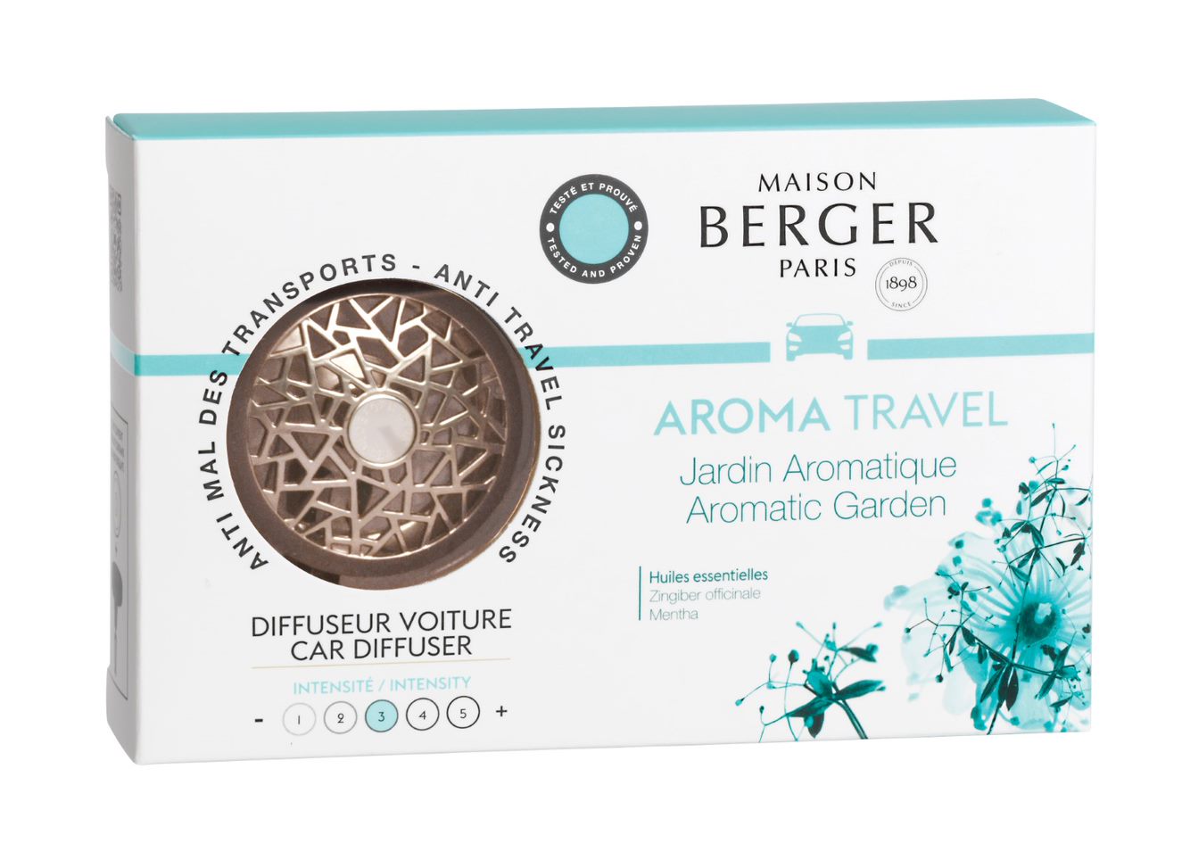 Se AROMA TRAVEL MOD KØRESYGE - STARTSÆT MED DUFTFRISKER TIL BIL - Car diffuser / duft til bil - Maison Berger - StudioBuus hos StudioBuus.dk