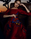 Amaryllis-painted Puff Sleeve Midi Taffeta Dress
