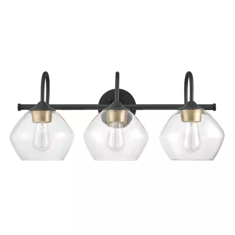 Globe Electric Harrow 26.3 in. 3-Light Dark Bronze Vanity Light with Antique Brass Accents and Clear Glass Shades